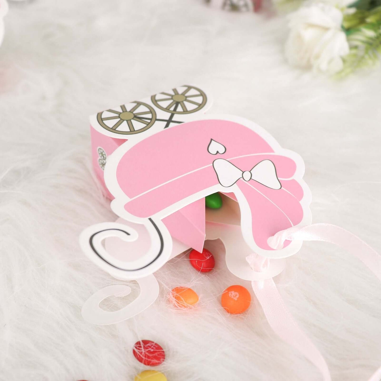 25 Pack Pink Baby Paper Stroller Party Favor Gift Boxes, Cardstock Carriage Candy Boxes with Ribbon Ties 4.5"x2"x4"