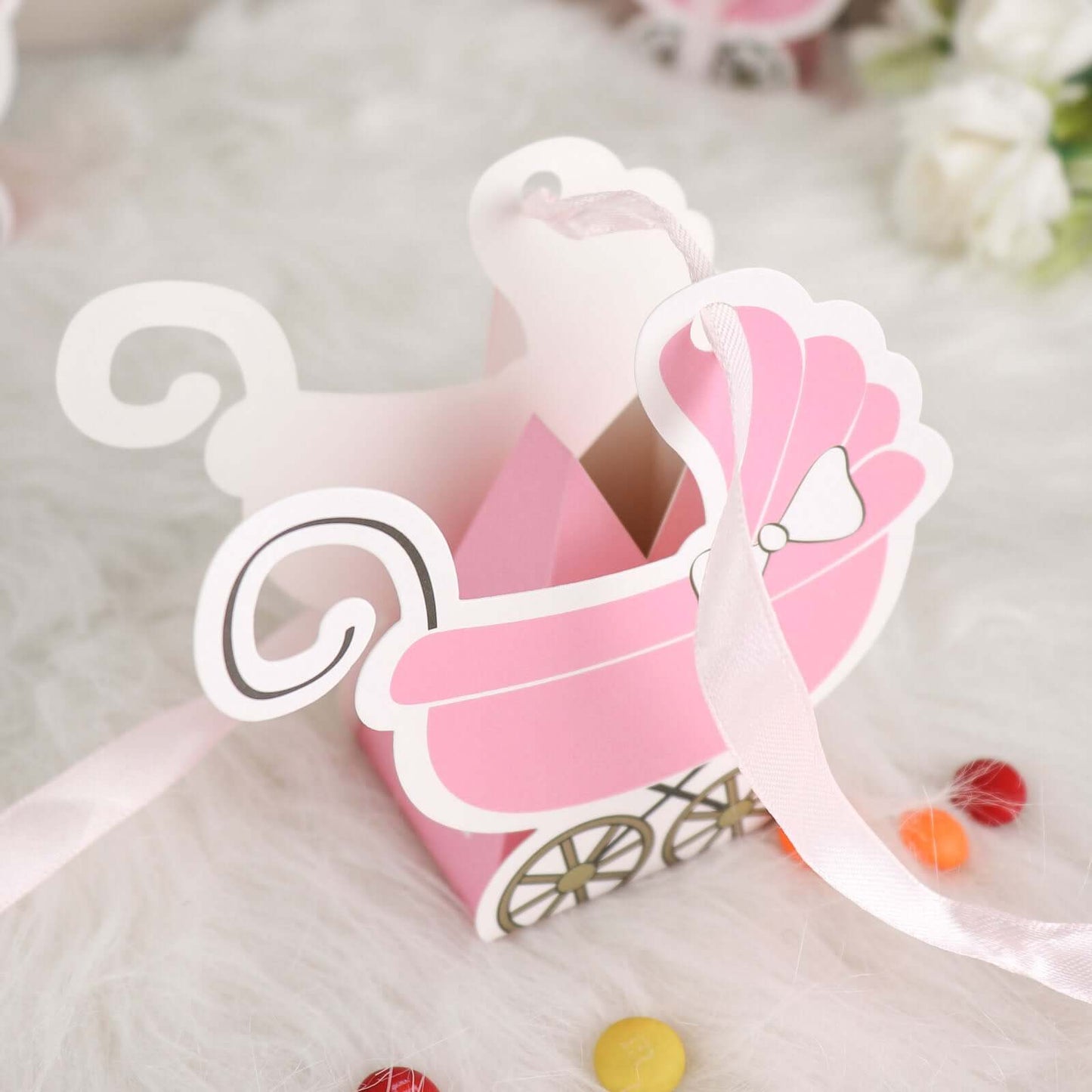 25 Pack Pink Baby Paper Stroller Party Favor Gift Boxes, Cardstock Carriage Candy Boxes with Ribbon Ties 4.5"x2"x4"