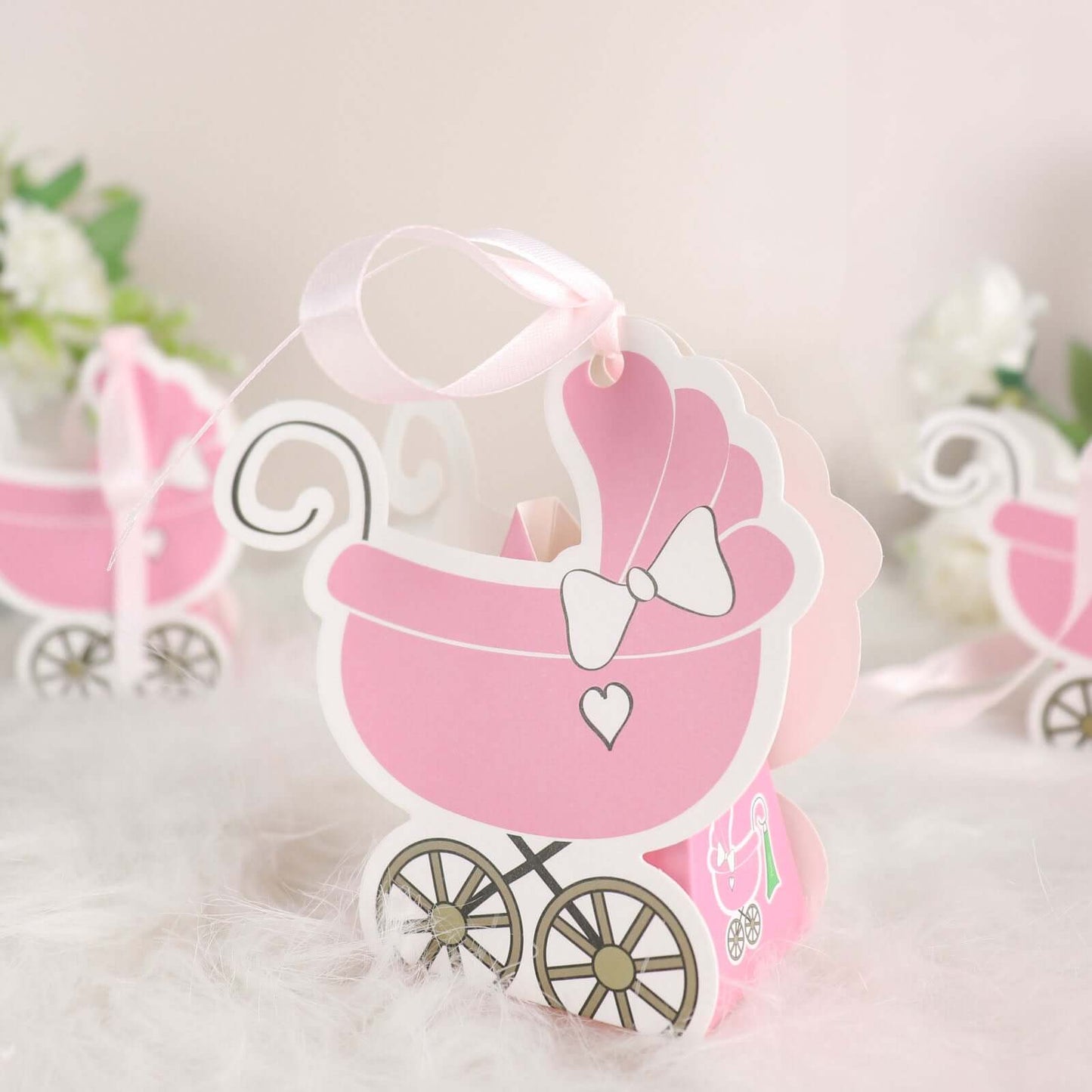 25 Pack Pink Baby Paper Stroller Party Favor Gift Boxes, Cardstock Carriage Candy Boxes with Ribbon Ties 4.5"x2"x4"