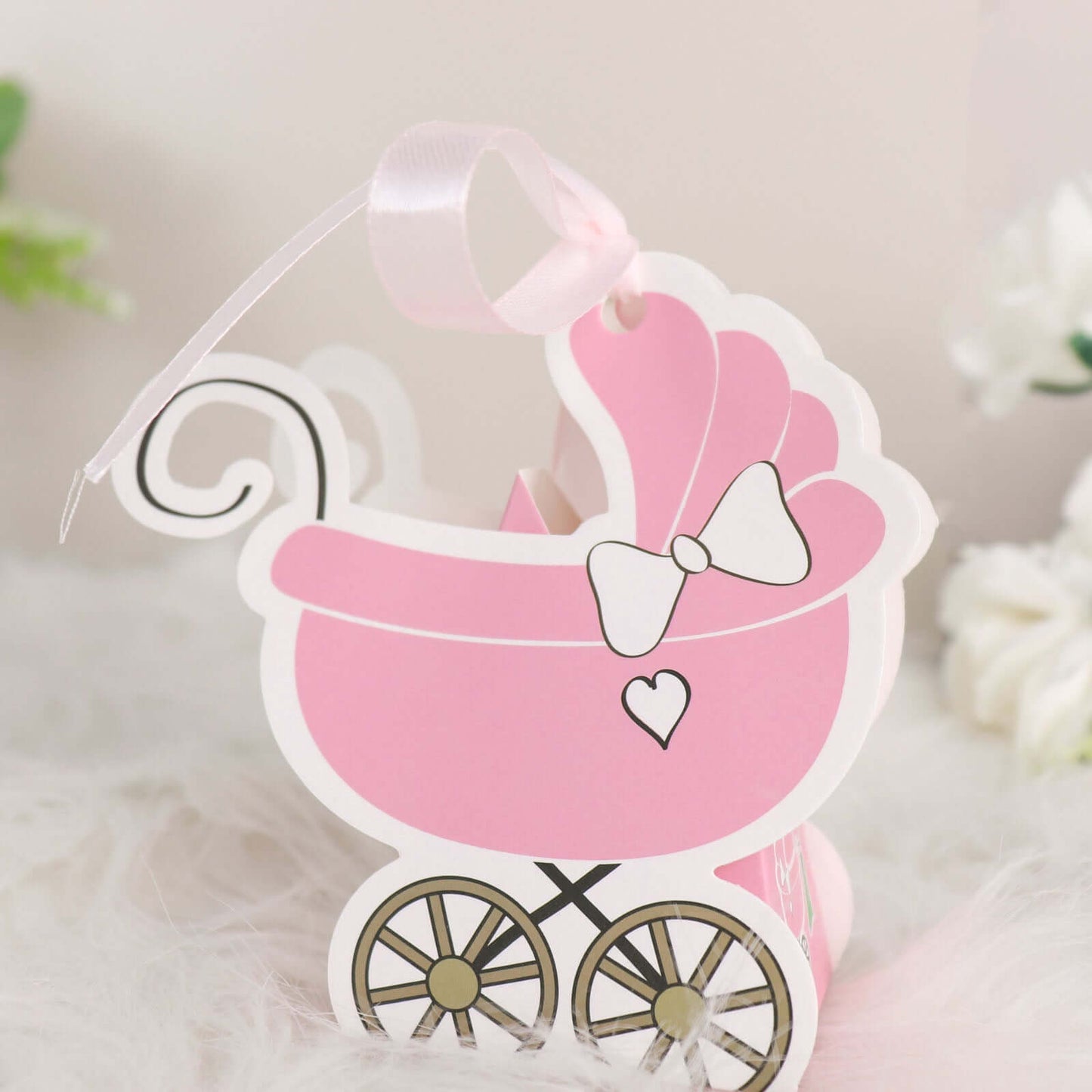 25 Pack Pink Baby Paper Stroller Party Favor Gift Boxes, Cardstock Carriage Candy Boxes with Ribbon Ties 4.5"x2"x4"